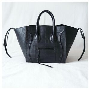 Celine Black Croc Embossed Leather Medium Phantom Luggage Tote